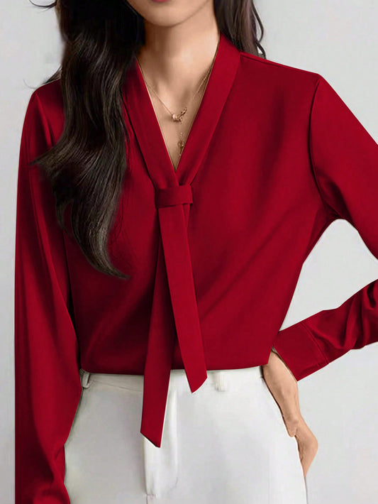 INAWLY Ladies' Solid Color Simple Daily V-Neck Long Sleeve Shirt Fall Cloth for Women