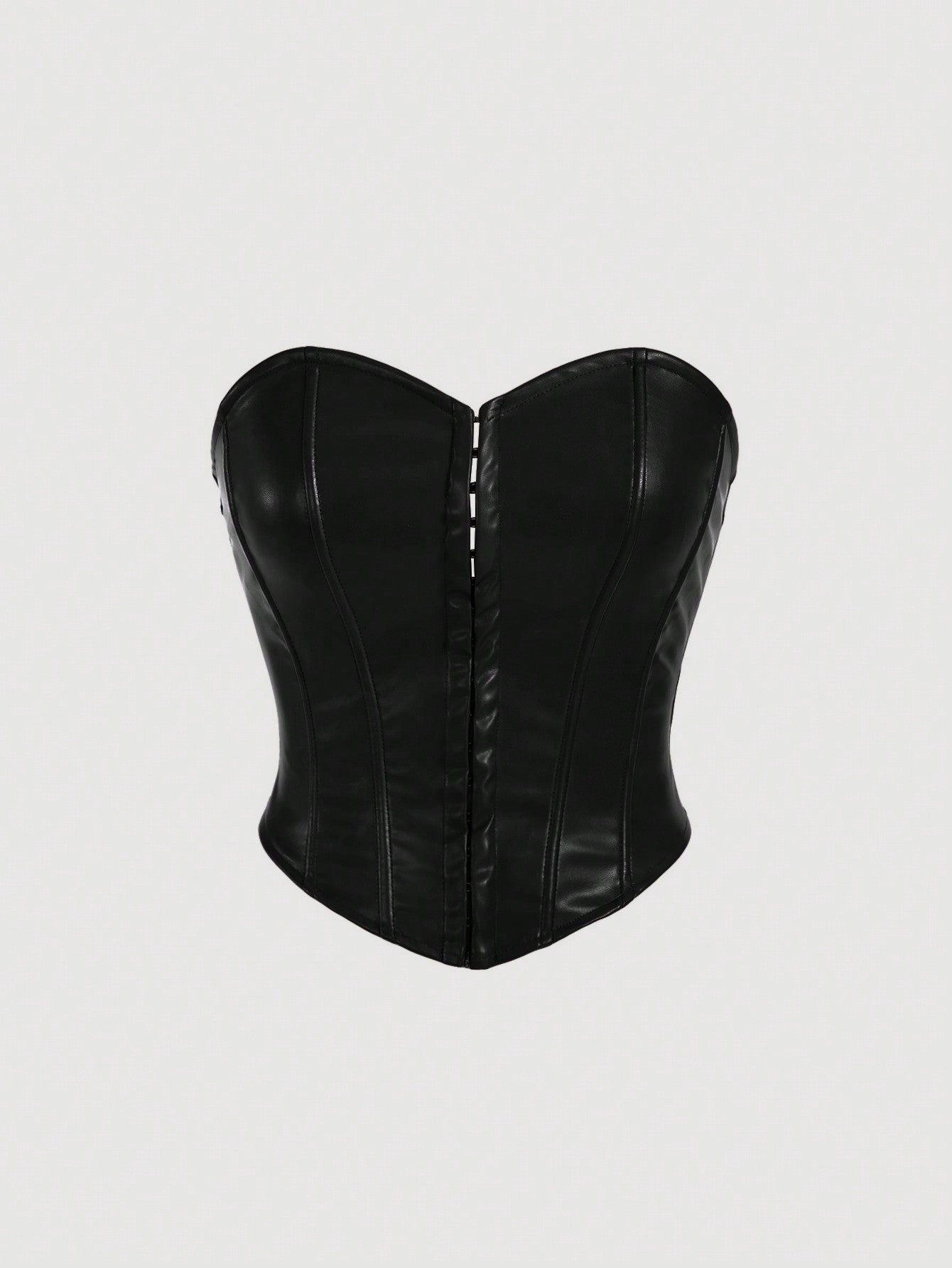 X Marika Sila  MOD Solid Center Front Button Decoration PU Leather Black Tube Top
