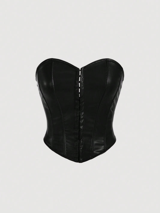 X Marika Sila  MOD Solid Center Front Button Decoration PU Leather Black Tube Top