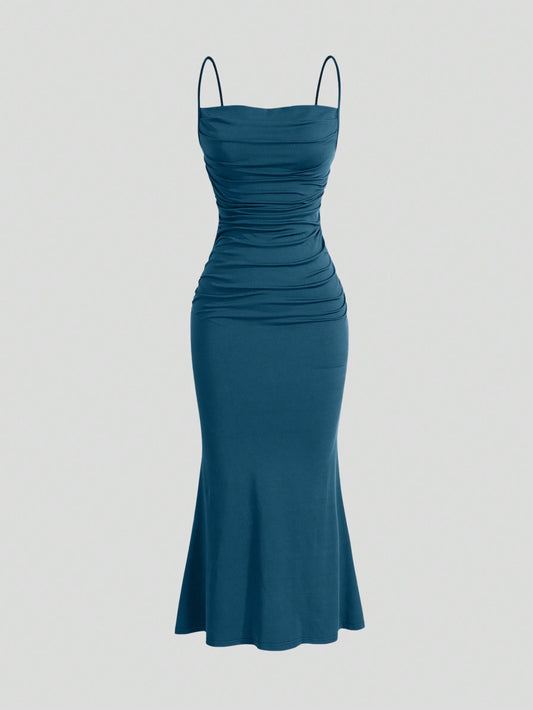 Sweetra Solid Ruched Mermaid Hem Cami Dress Maxi Women Outfit