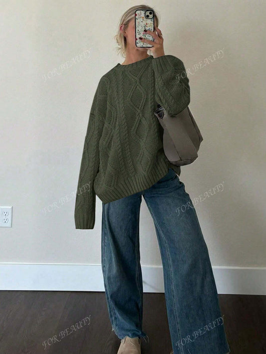 FOR BEAUTY Autumn and Winter New round Neck Twisted Flower Long Sleeve Knitted Sweater Tops Women Loose Moss Green Simple Fashion Commuting Style Women'S Sweater Moss Green Long Sleeve Casual Lazy Style Warm Top