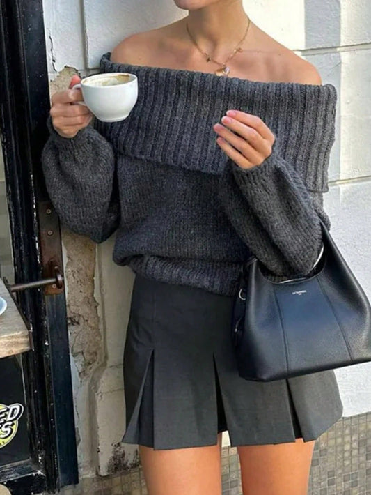 INAWLY Women'S Solid Color Off-Shoulder Long Sleeve Loose Casual Sweater, Autumn/Winter,Long Sleeve Tops Knit Pullover Fall Outfit