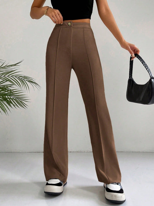 Ezwear Spring Brown Y2K High Waist Seam Detail Straight Leg Pants Flare Leggings