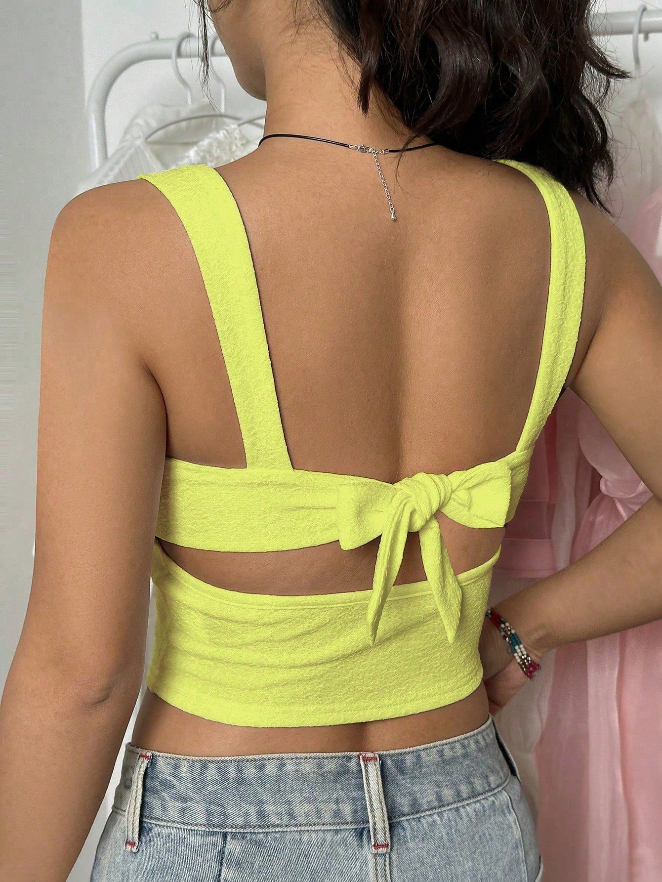 Flirla Summer Casual Slim-Fit Short Crop Top with Bow Decoration and Wide Strap