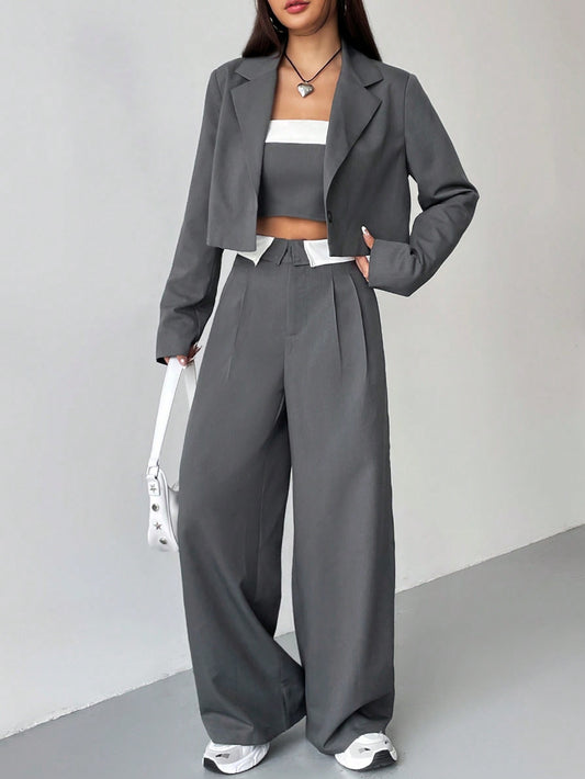 Ezwear Lapel Neck Crop Blazer & Wide Leg Suit Pants & Tube Top in Fall/Winter