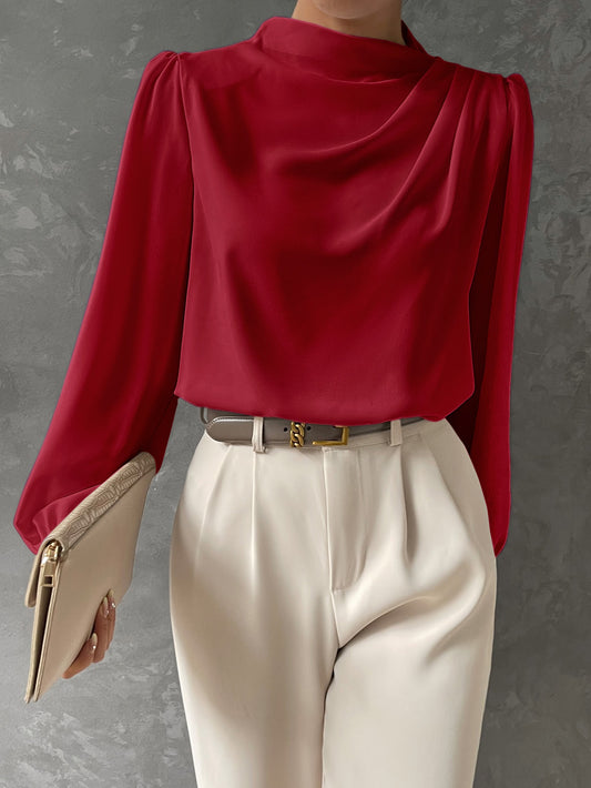 Bizchic Women'S Solid Color Stand Collar Pleated Decor Loose Lantern Sleeve Long Sleeve Shirt, Basic Urban Commute Style, Simple Elegant Fashion Business Casual Outfit, Suitable for Teachers and Office Wear