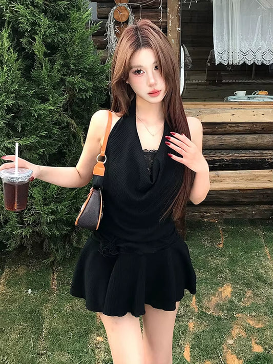 Elegant Satin 2 Piece Skirt Set Women Summer Sleeveless Y2K Crop Tops + Mini Skirt Female Even Party Black Dress Korean Vintage