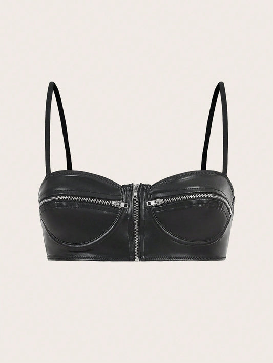 SHEIN ICON Going Out Tops Faux Leather Black Crop Top with Multiple Zippers