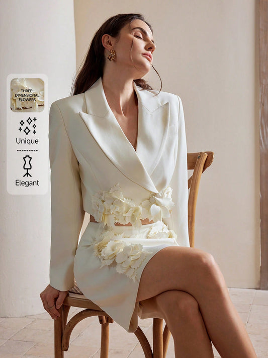 Anewsta Urban Elegant Suit Set with 3D Floral Mini Skirt & Jacket, Long Sleeve Elevated White Short Dress
