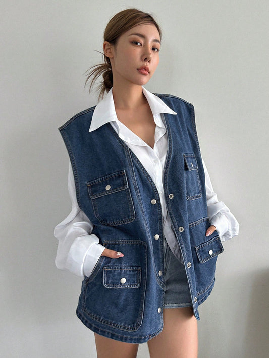 DAZY Flap Pocket Vest Denim Coat without Blouse Women Jacket,Fall Women Clothes