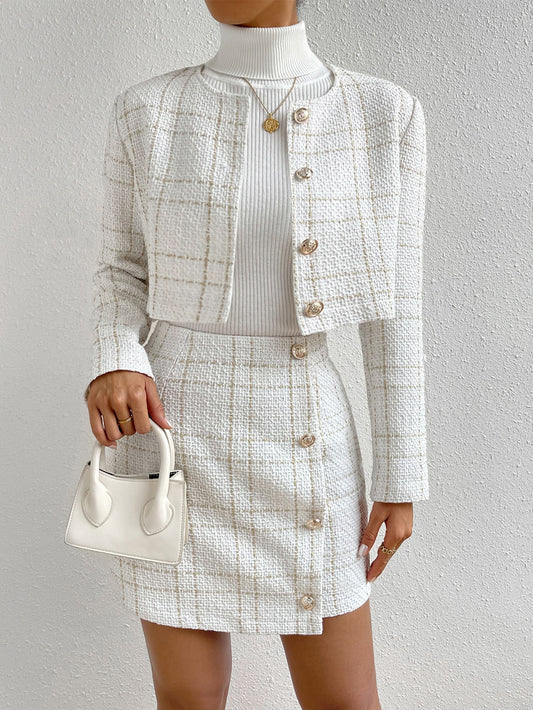 Rosydaze Plaid Print Crop Jacket & Button Front Skirt,Ladies Elegant Button Regular Fit White Regular Sleeve Jackets Skirt Women Two-Piece Outfits,Spring/Fall,Professional/Business Attire/Workwear