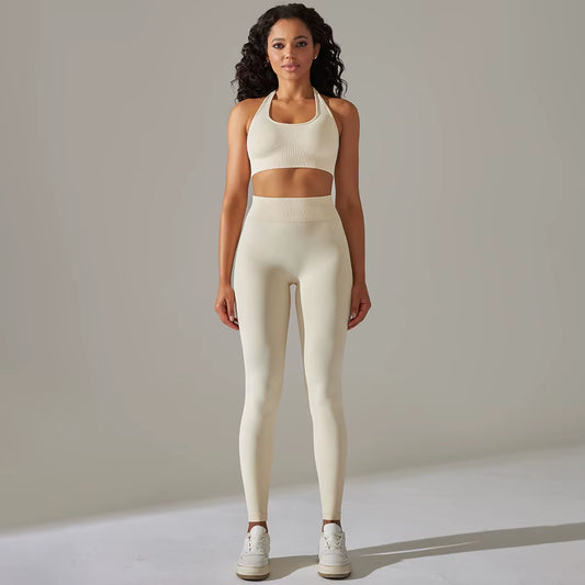 2 Piece Set for Women Seamless Yoga Set Gym Fitness Sports Set Sexy Halter Neck Bra Set High Waist Leggings Tracksuit Sportswear