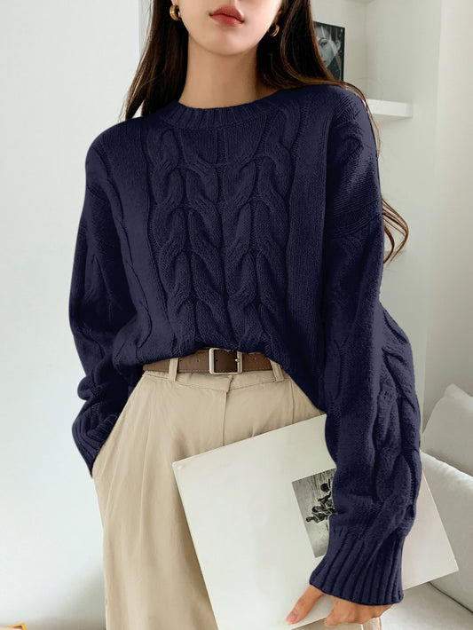 DAZY Solid Cable Knit Drop Shoulder Sweater,Long Sleeve Tops,Fall Clothes