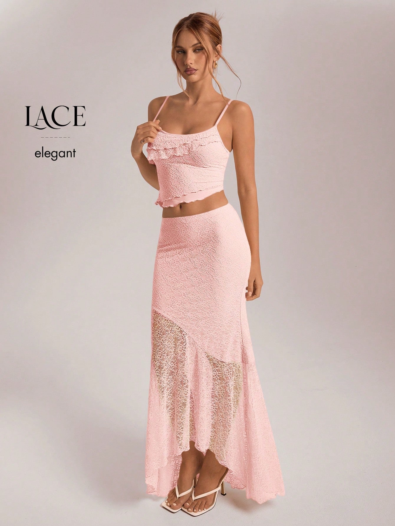 Aloruh Women'S Sheer Lace Asymmetrical Hem Camisole & Ruffle Trim Mermaid Skirt 2 Pieces Set, for Spring/Summer Fairycore Wedding/Holiday
