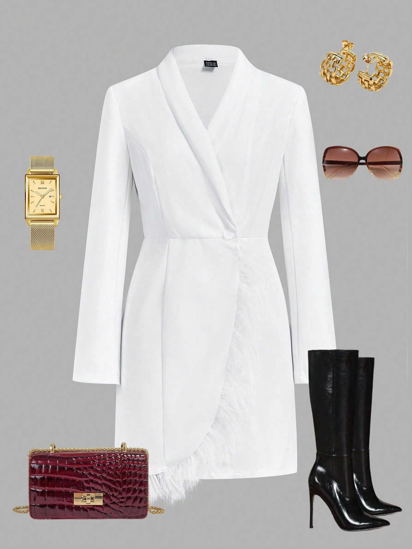 Clasi Women'S Elegant Occasion Wine Party White Feather Patchwork Blazer Fall Women Dresses