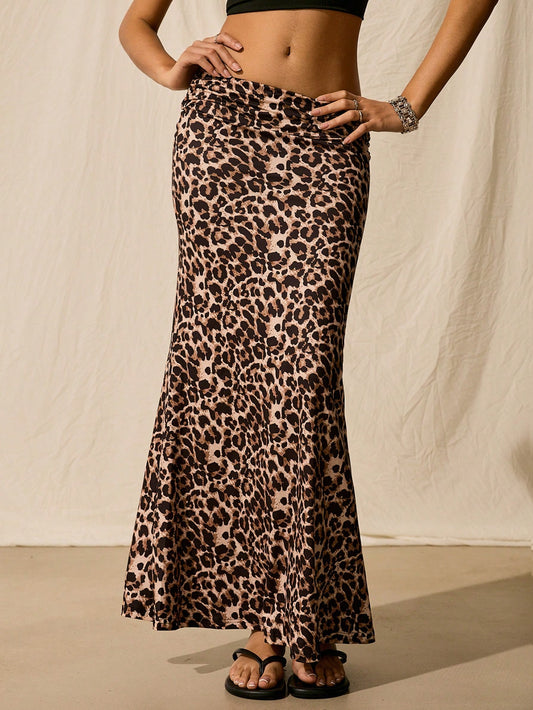 Easelle Women'S Fashionable Ruched Waist Leopard Print Mermaid Skirt