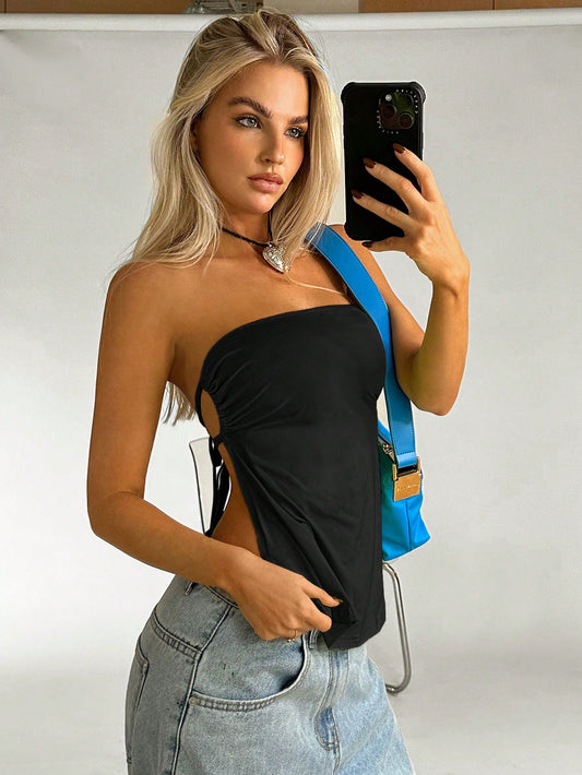 Ezwear Summer Black Y2K Solid Backless Tube Top