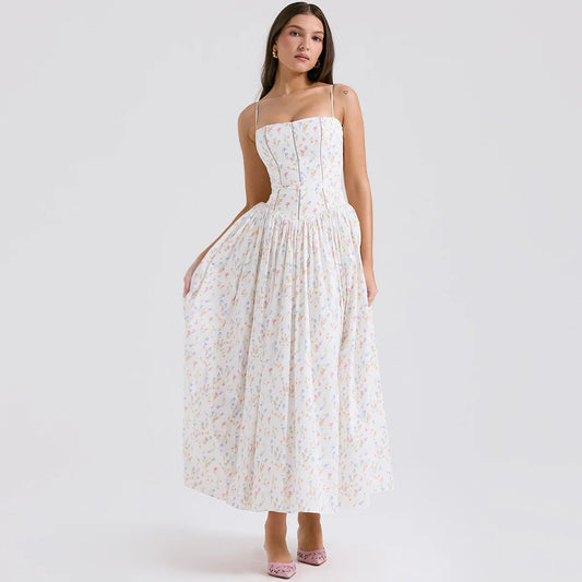 Summer Elegant Party Dresses 2024 New Arrivals Floral Print Spaghetti Strap Long Dresses One-Piece Graduation Dress Women